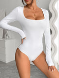 Solid Color Long Sleeve Bodysuit, Casual Square Neck Slim Bodysuit For Spring & Fall, Women's Clothing