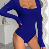 Solid Color Long Sleeve Bodysuit, Casual Square Neck Slim Bodysuit For Spring & Fall, Women's Clothing