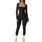 Women's Long Sleeve Square Neck Workout Playsuit Spring Autumn Slim Yoga Long Fitted Jumpsuit Solid Color Overalls Female