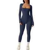 Women's Long Sleeve Square Neck Workout Playsuit Spring Autumn Slim Yoga Long Fitted Jumpsuit Solid Color Overalls Female