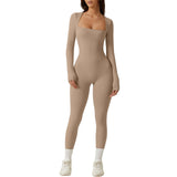Women's Long Sleeve Square Neck Workout Playsuit Spring Autumn Slim Yoga Long Fitted Jumpsuit Solid Color Overalls Female