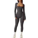Women's Long Sleeve Square Neck Workout Playsuit Spring Autumn Slim Yoga Long Fitted Jumpsuit Solid Color Overalls Female