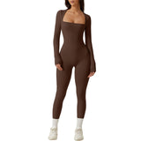 Women's Long Sleeve Square Neck Workout Playsuit Spring Autumn Slim Yoga Long Fitted Jumpsuit Solid Color Overalls Female