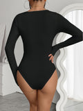 Solid Color Long Sleeve Bodysuit, Casual Square Neck Slim Bodysuit For Spring & Fall, Women's Clothing