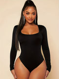 Solid Color Long Sleeve Bodysuit, Casual Square Neck Slim Bodysuit For Spring & Fall, Women's Clothing