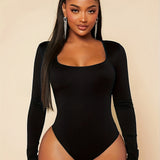Solid Color Long Sleeve Bodysuit, Casual Square Neck Slim Bodysuit For Spring & Fall, Women's Clothing