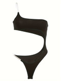 Cut Out One Shoulder Bodysuit, Sexy Sheer Strap Backless Sleeveless Asymmetrical Bodysuit, Women's Clothing