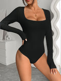 Solid Color Long Sleeve Bodysuit, Casual Square Neck Slim Bodysuit For Spring & Fall, Women's Clothing